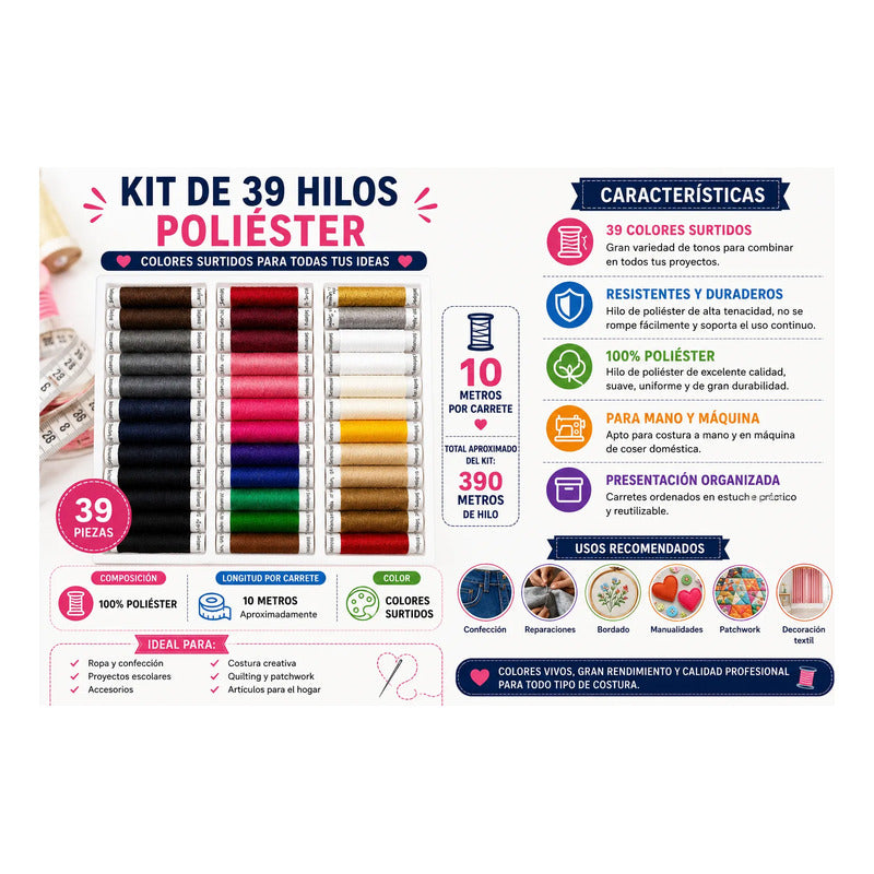Hilos Poliéster Kit Con 39 Pz Colores Surtidos Para Costura Multicolor