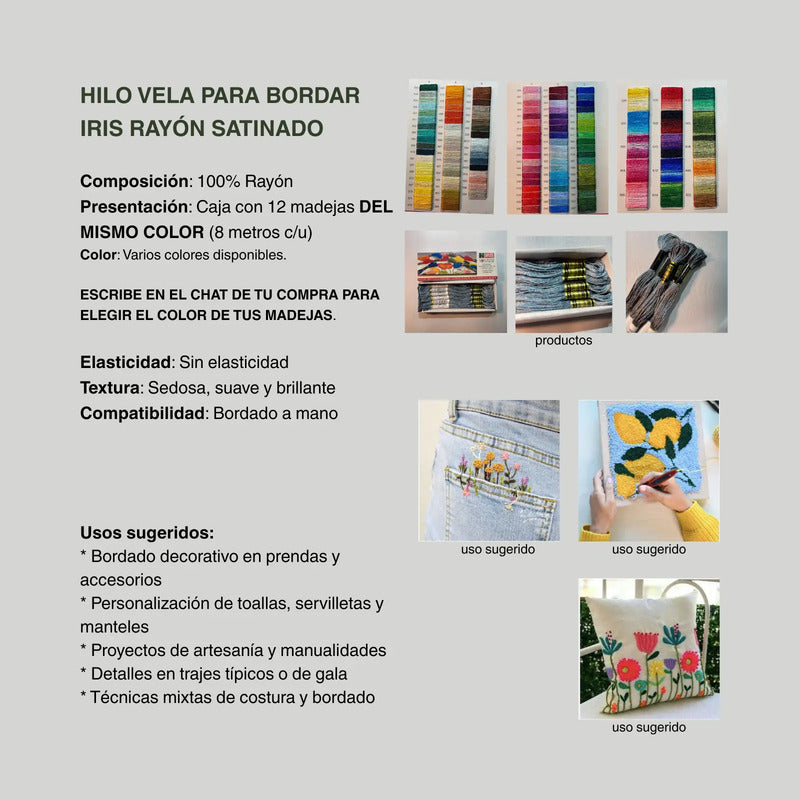 Hilo Vela Para Bordar Iris Rayón Satinado (caja: 12 Madejas) Escribe En El Chat De Tu Compra El Color Que Desees