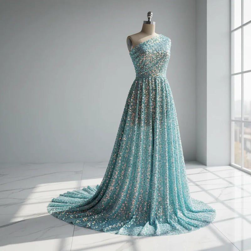 Tela Premium Con Lentejuela Doblada Alta Costura (1 M) Azul Claro