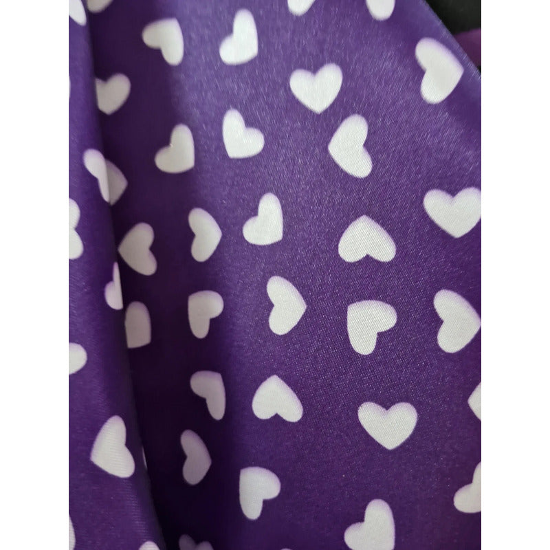 Tela Satín 14 De Febrero Corazones (1 Metro) Morado Corazones Blancos
