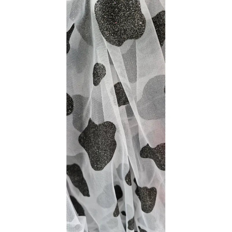 Tela Mesh Tricot Con Glitter ( 1 Metro) Blanco Manchas Negras