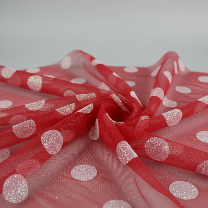 Tela Mesh Tricot Con Glitter ( 1 Metro) Rojo Bolas Blancas