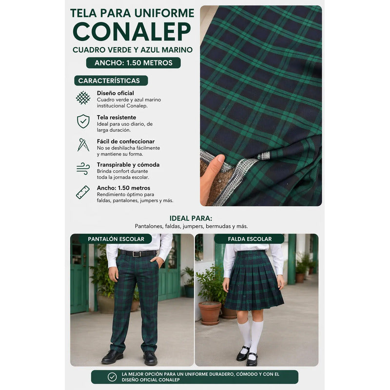 Tela Escolar Conalep Verde , Para Uniforme (1 Metro) Verde/marino Cuadros
