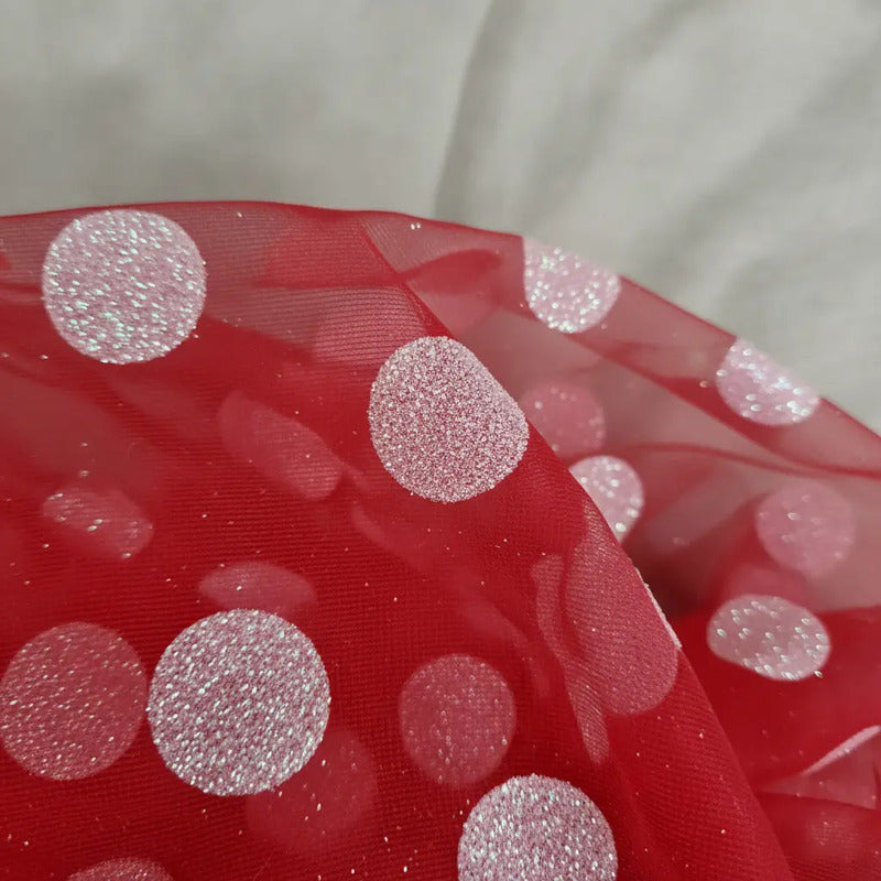 Tela  Mesh Tricot Con Glitter ( 1 Metro) Rojo Bolas Blancas