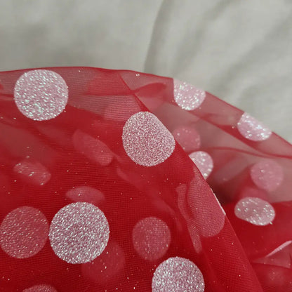 Tela  Mesh Tricot Con Glitter ( 1 Metro) Rojo Bolas Blancas