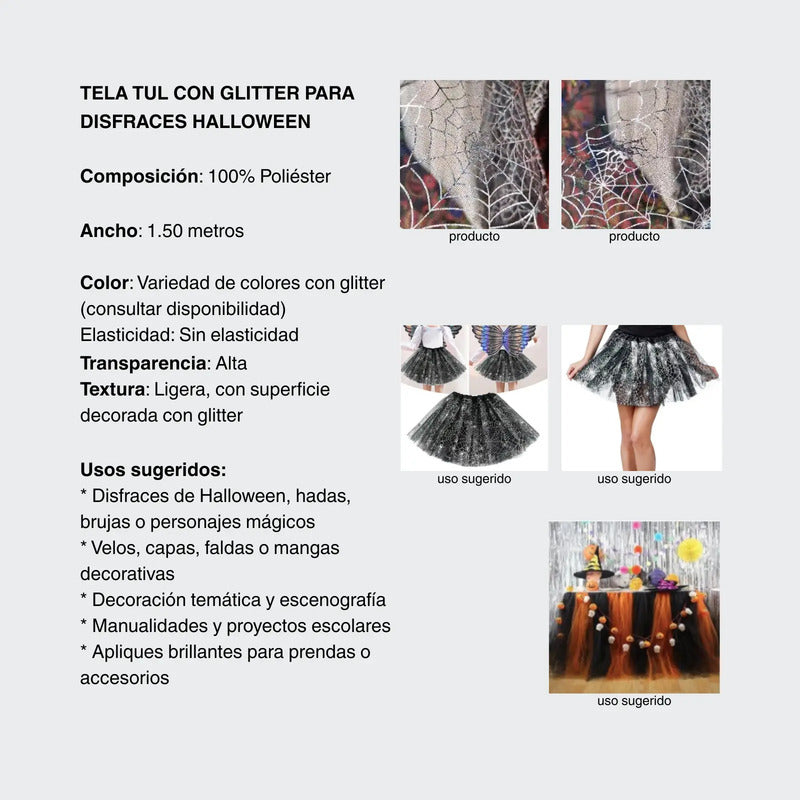 Tela Tul Con Glitter Para Disfraces Halloween (1 M) Negro Calacas Rojas