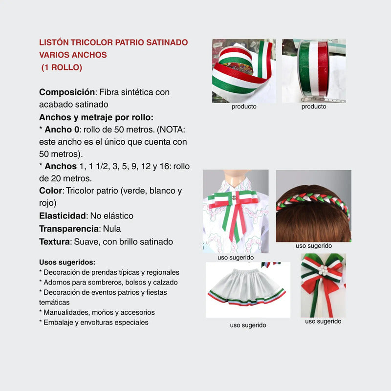 Listón Tricolor Patrio Satinado Varios Anchos (1 Rollo) Tricolor Ancho 3