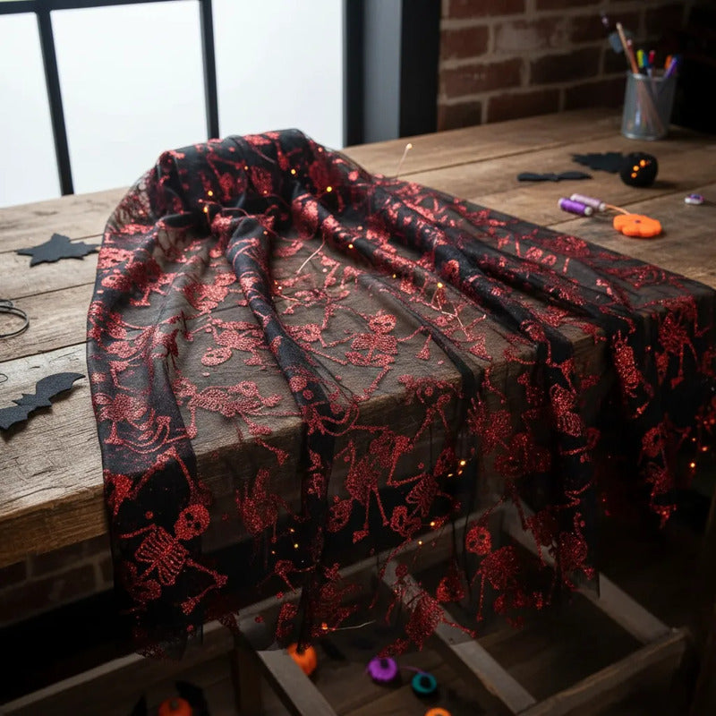 Tela Tul Con Glitter Para Disfraces Halloween (1 M) Negro Calacas Rojas