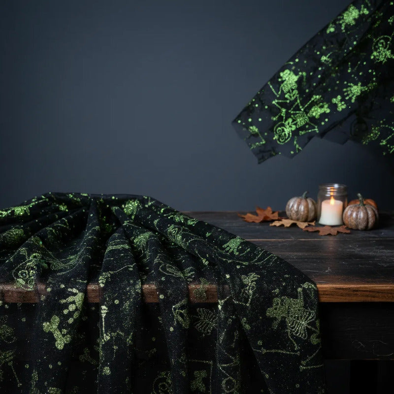Tela Tul Con Glitter Para Disfraces Halloween (1 M) Negro Calacas Verdes