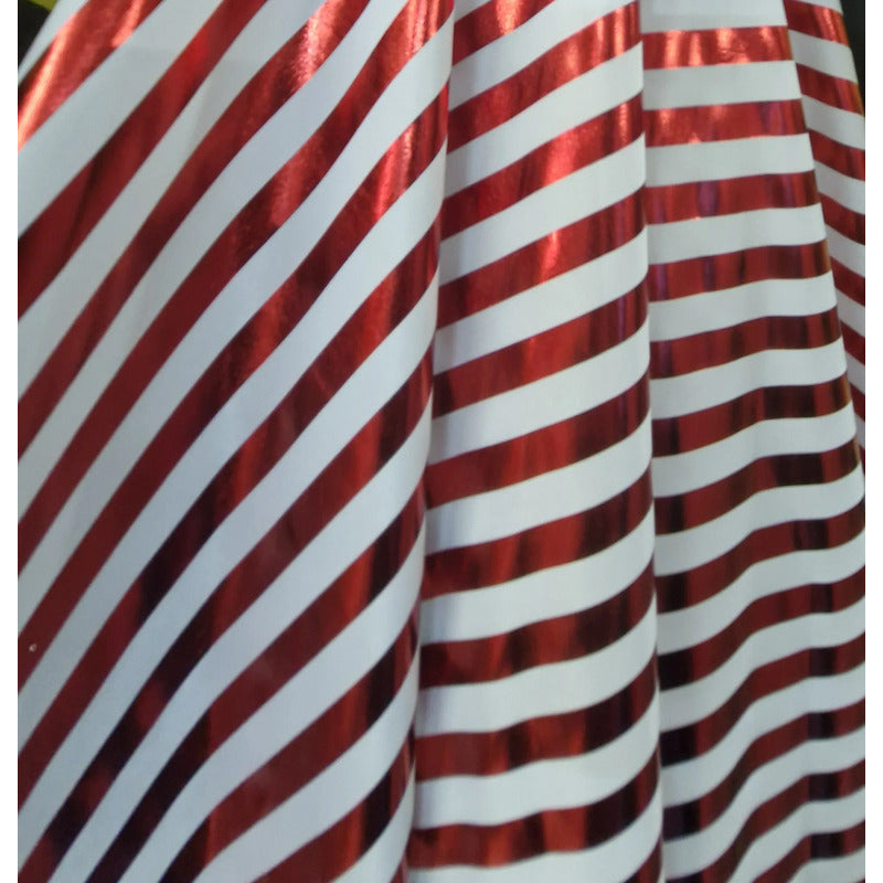 Tela Lycra Metálica Caramelo De 2cm Rayas ( 1 Metro) Blanco Con Rojo Lycra Metalica Caramelo