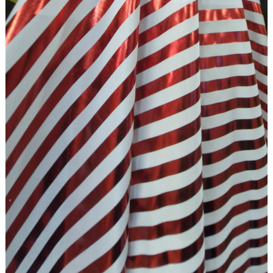Tela lycra metálica caramelo rayas blanco con rojo por metro
