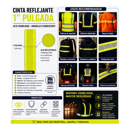 Cinta Reflejante  Alta Visibilidad 1pLG- 5mt Amarillo Neón Reflejante