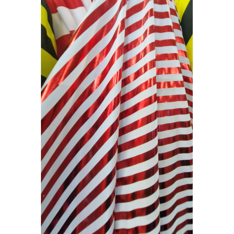 Tela Lycra Metálica Caramelo De 2cm Rayas ( 1 Metro) Blanco Con Rojo Lycra Metalica Caramelo
