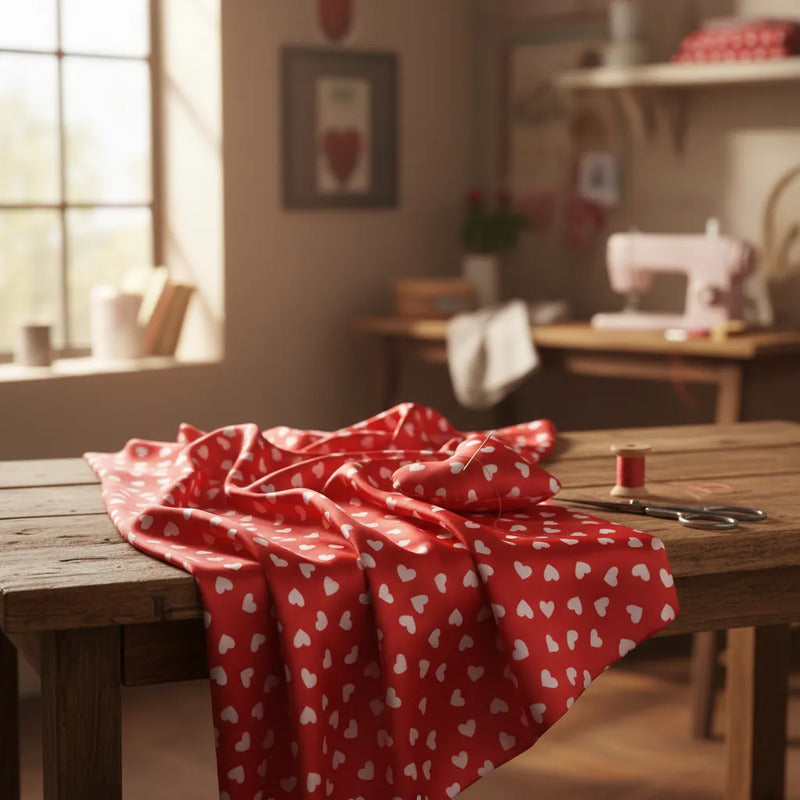Tela Satinada Estampado De Corazón  14 De Febrero (5 Metros)
