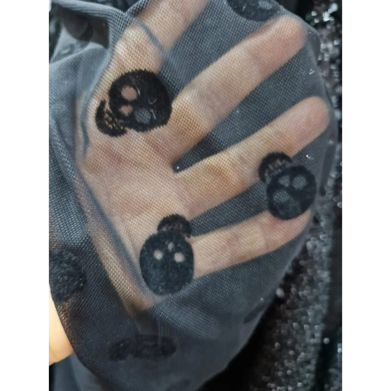 Tela Mesh Negro Disfraz Halloween, Día De Muertos (1 M) Negro Calaveras