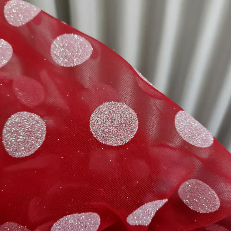 Tela  Mesh Tricot Con Glitter ( 1 Metro) Rojo Bolas Blancas