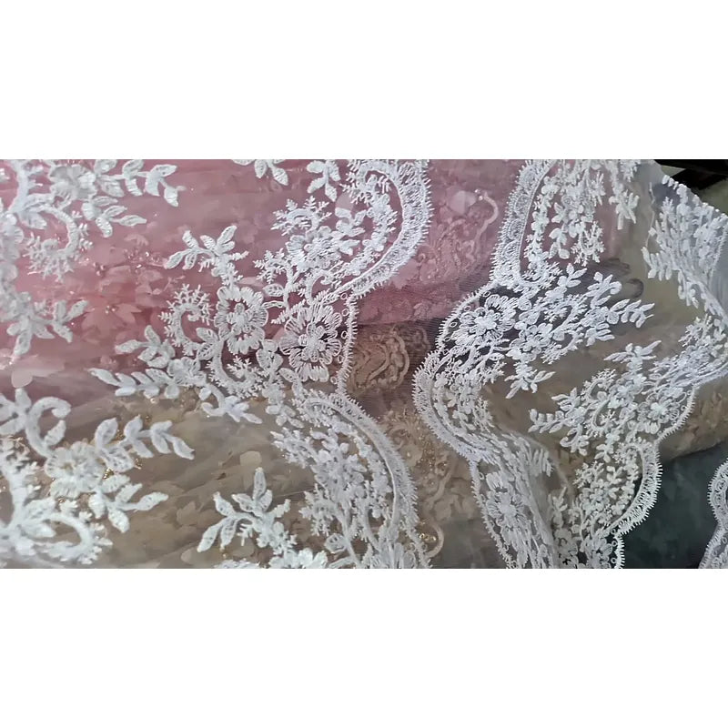 Tul Bordado Premium Para Velo De Novia (1 Metro) Blanco Flores