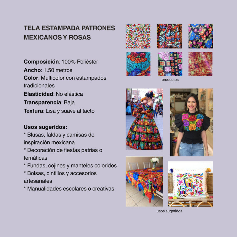 Tela Estampada Patrones Mexicanos, Bordados, Rosas (1 M)