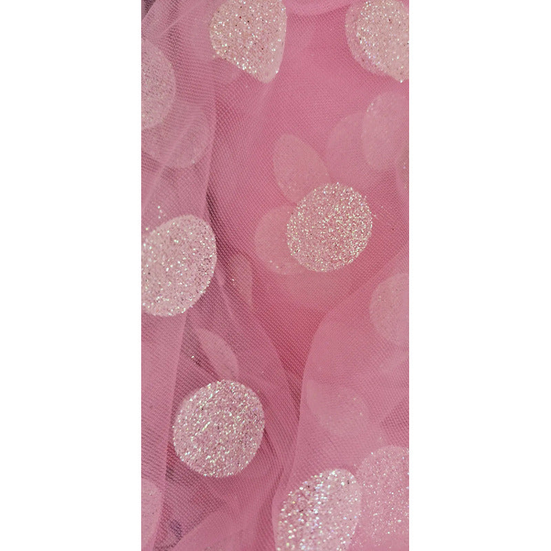Tela  Mesh Tricot Con Glitter ( 1 Metro) Rosa Claro Bolas Blancas