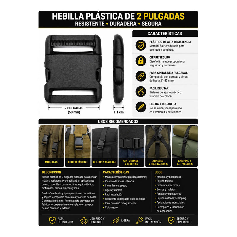 Hebilla Táctica Mochila Plástico Robusta 2 PLG - 4pz. Negro Liso 2 Pulgadas