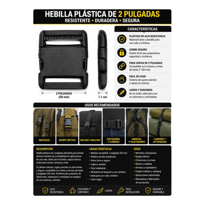 Hebilla Táctica Mochila Plástico Robusta 2 PLG - 4pz. Negro Liso 2 Pulgadas