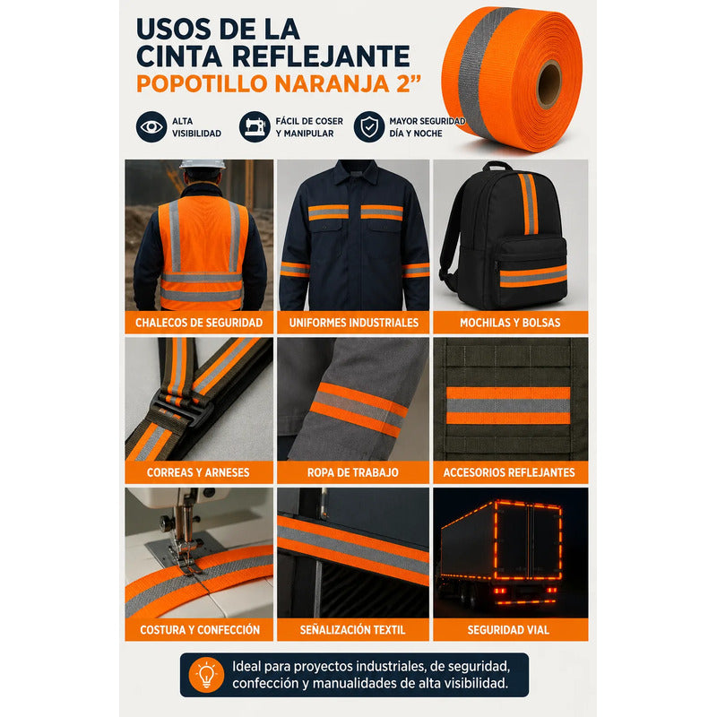 Cinta Reflejante Popotillo 2 PLG Rollo 10m Alta Visibilidad Naranja/neón Reflejante