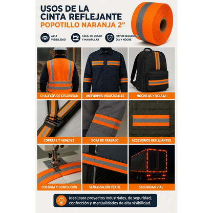 Cinta Reflejante Popotillo 2 PLG Rollo 10m Alta Visibilidad Naranja/neón Reflejante