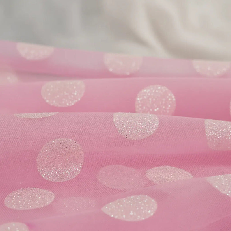 Tela  Mesh Tricot Con Glitter ( 1 Metro) Rosa Claro Bolas Blancas