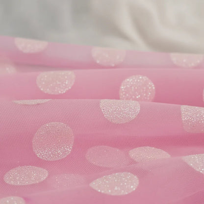 Tela  Mesh Tricot Con Glitter ( 1 Metro) Rosa Claro Bolas Blancas