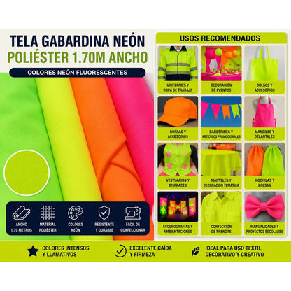 Tela Gabardina Neón Poliéster 1.70m Ancho Alta Calidad 1 Mt Amarillo Lisa Neón