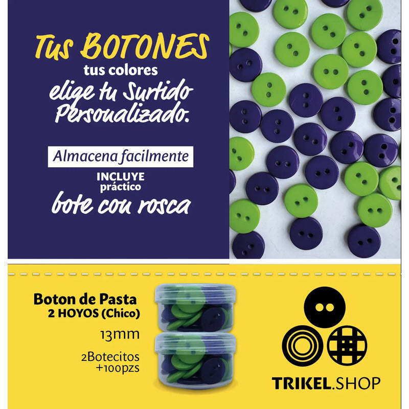 Boton 2 Hoyos 13mm Trikel / Bote Con 100pz / Elige Tu Color
