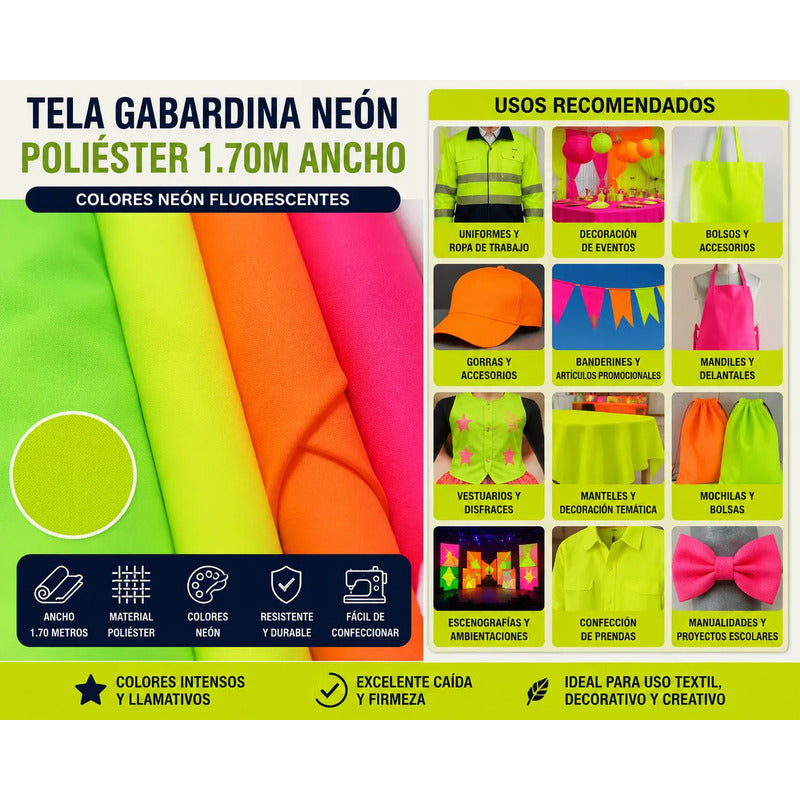 Tela Gabardina Neón Poliéster 1.70m Ancho Alta Calidad 1 Mt Fiusha Lisa Neón