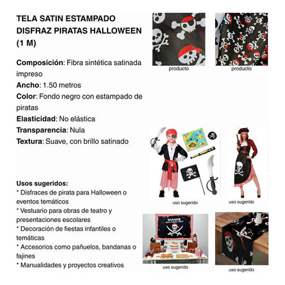 Tela Satin Estampado Disfraz Piratas Halloween (1 M) Negro Piratas