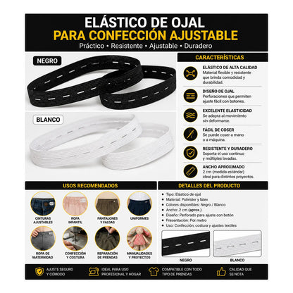 Elástico De Ojal Para Confección Ajustable 2cm -25 Mts Ojal Blanco