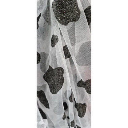 Tela  Mesh Tricot Con Glitter ( 1 Metro) Blanco Manchas Negras