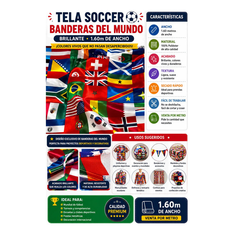 Tela Estampada Banderas Internacionales Soccer 1mt Multicolor Banderas