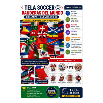 Tela Estampada Banderas Internacionales Soccer 1mt Multicolor Banderas