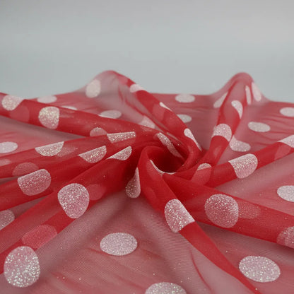 Tela  Mesh Tricot Con Glitter ( 1 Metro) Rojo Bolas Blancas