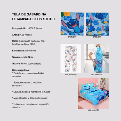 Tela De Gabardina Estampada Lilo Y Stitch (1 Metro) Azul Claro Stitch