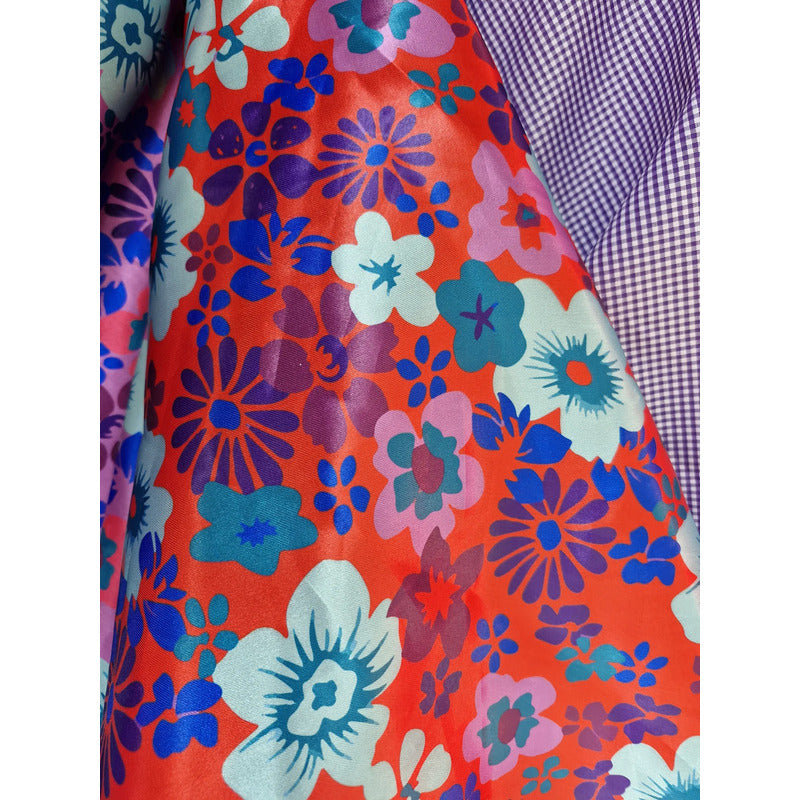 Tela Raso Estampado Flores Atlan ( 1 Metro) Rojo Raso Flores