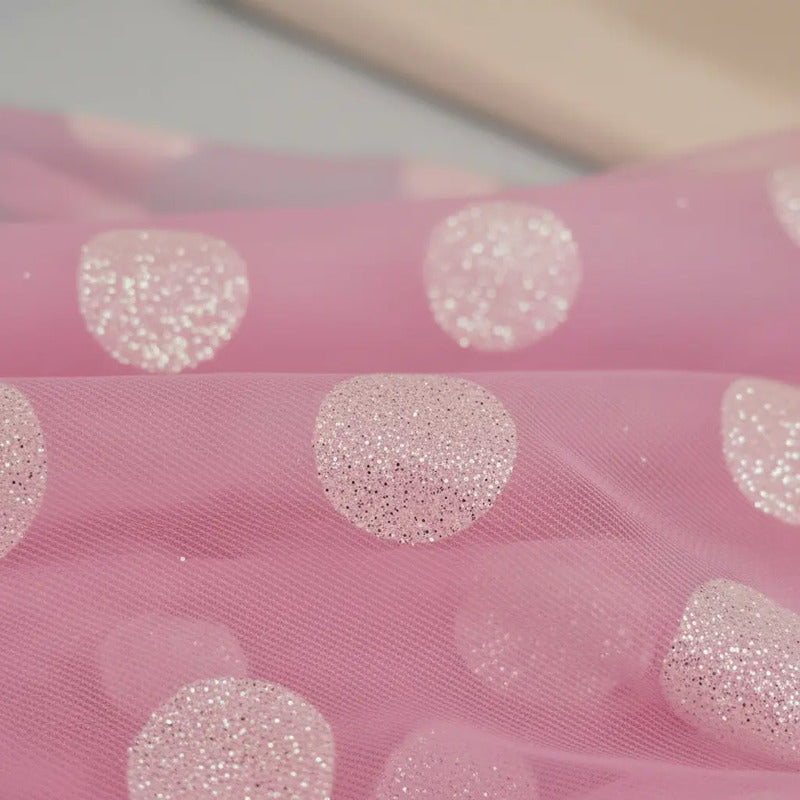 Tela  Mesh Tricot Con Glitter ( 1 Metro) Rosa Claro Bolas Blancas