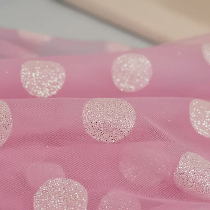 Tela  Mesh Tricot Con Glitter ( 1 Metro) Rosa Claro Bolas Blancas