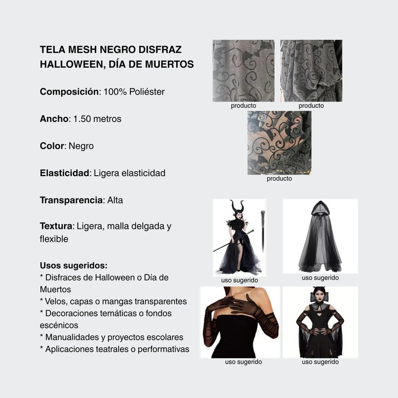 Tela Mesh Negro Disfraz Halloween, Día De Muertos (1 M) Negro Calaveras