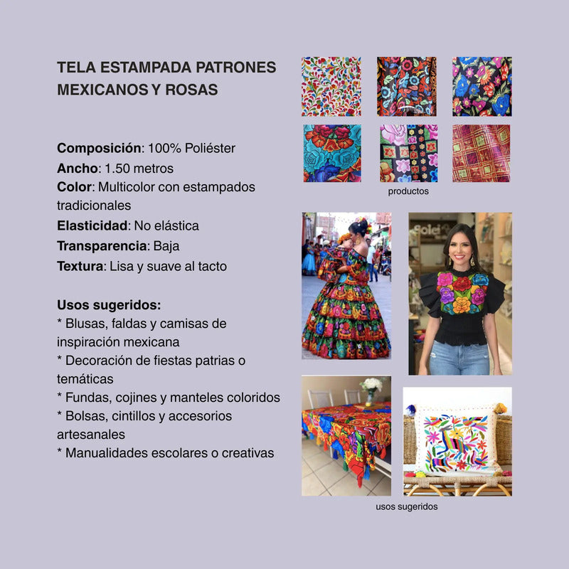 Tela Estampada Patrones Mexicanos, Bordados, Rosas (1 M)