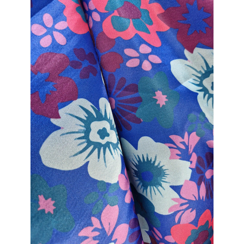 Tela Raso Estampado Flores Atlan ( 1 Metro) Azul Raso Flores