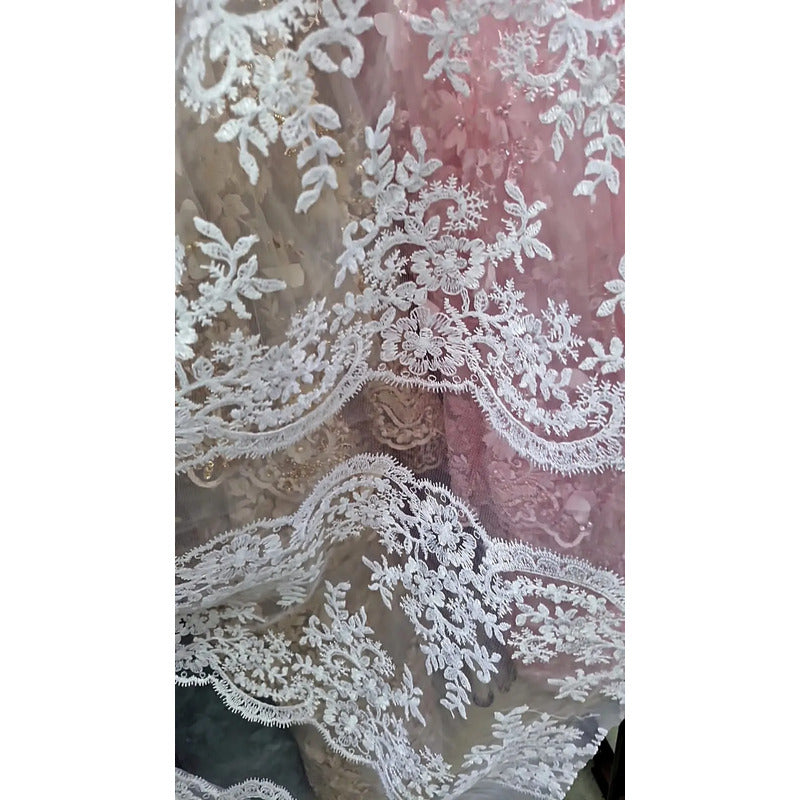 Tul Bordado Premium Para Velo De Novia (1 Metro) Blanco Flores