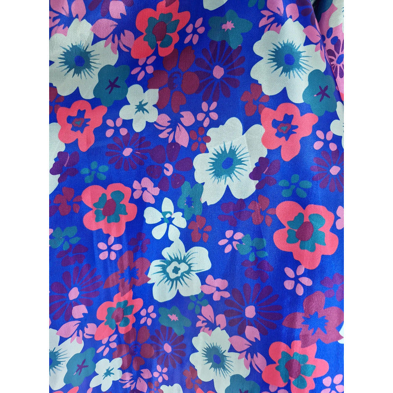 Tela Raso Estampado Flores Atlan ( 1 Metro) Azul Raso Flores