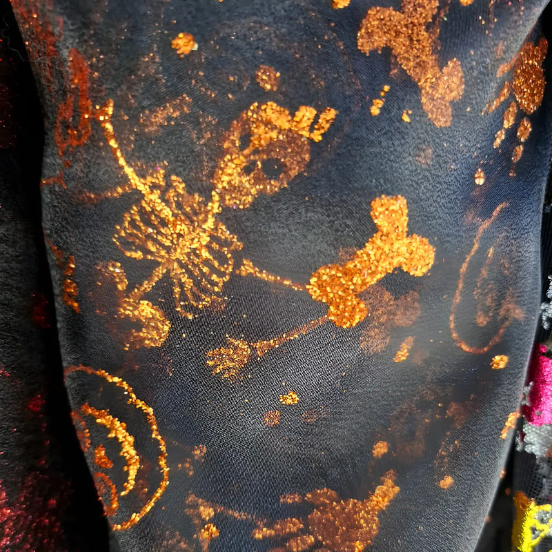 Tela Tul Con Glitter Para Disfraces Halloween (1 M) Negro Calacas Naranja
