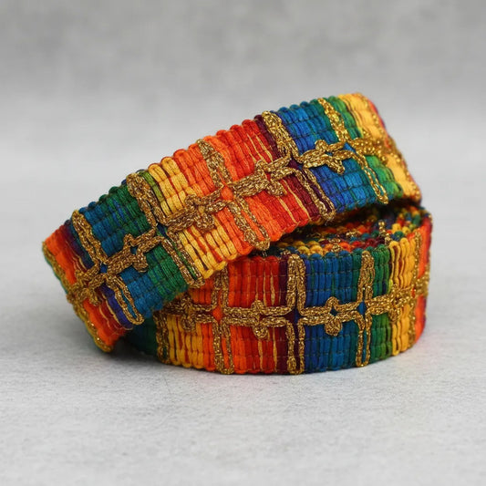 Galón bordado dorado multicolor 3 cm, rollo 15 m