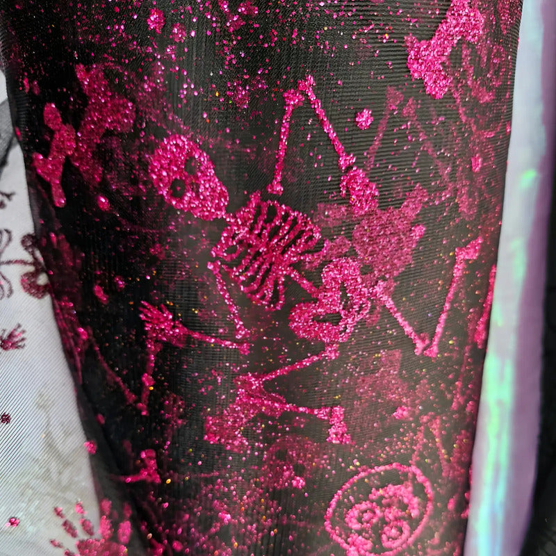 Tela Tul Con Glitter Para Disfraces Halloween (1 M) Negro Calacas Rosas